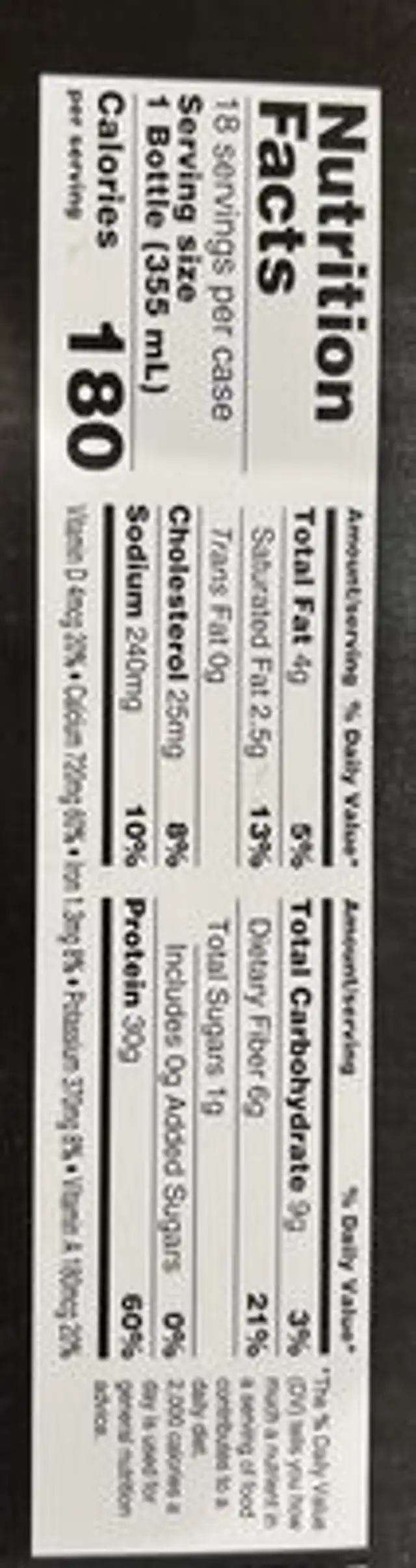 Chocolate Protein Shake nutrition facts table