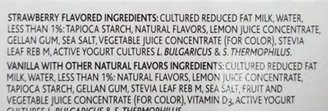 Two Good Vanilla Yogurt-Cultured Ultra-Filtered Milk ingredients label