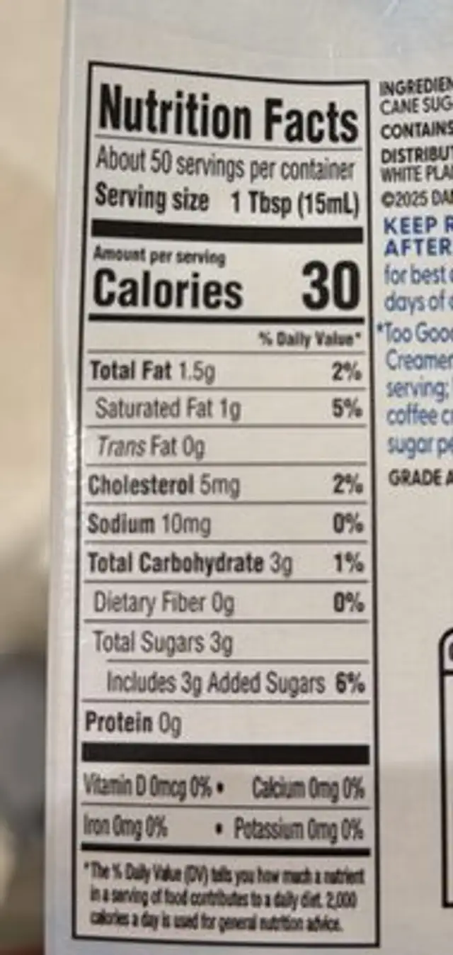 Real Milk & Cream roasted vanilla nutrition facts table