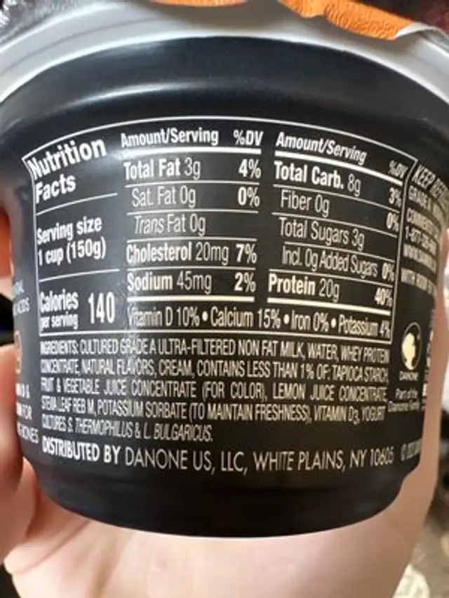 Oikos Pro Peach Flavored ingredients label