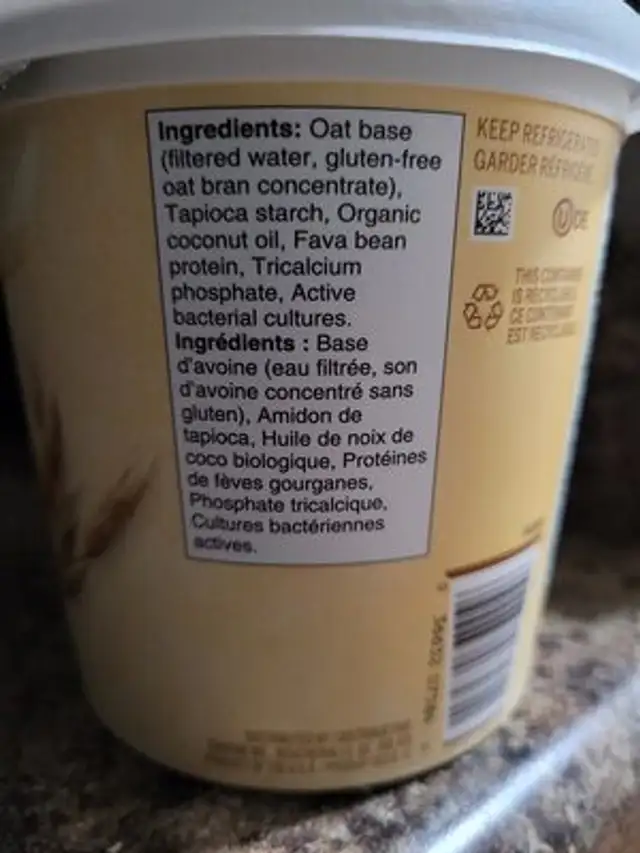 Plain Oat Yoghurt ingredients label
