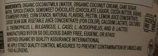 Dairy free yogurt ingredients label