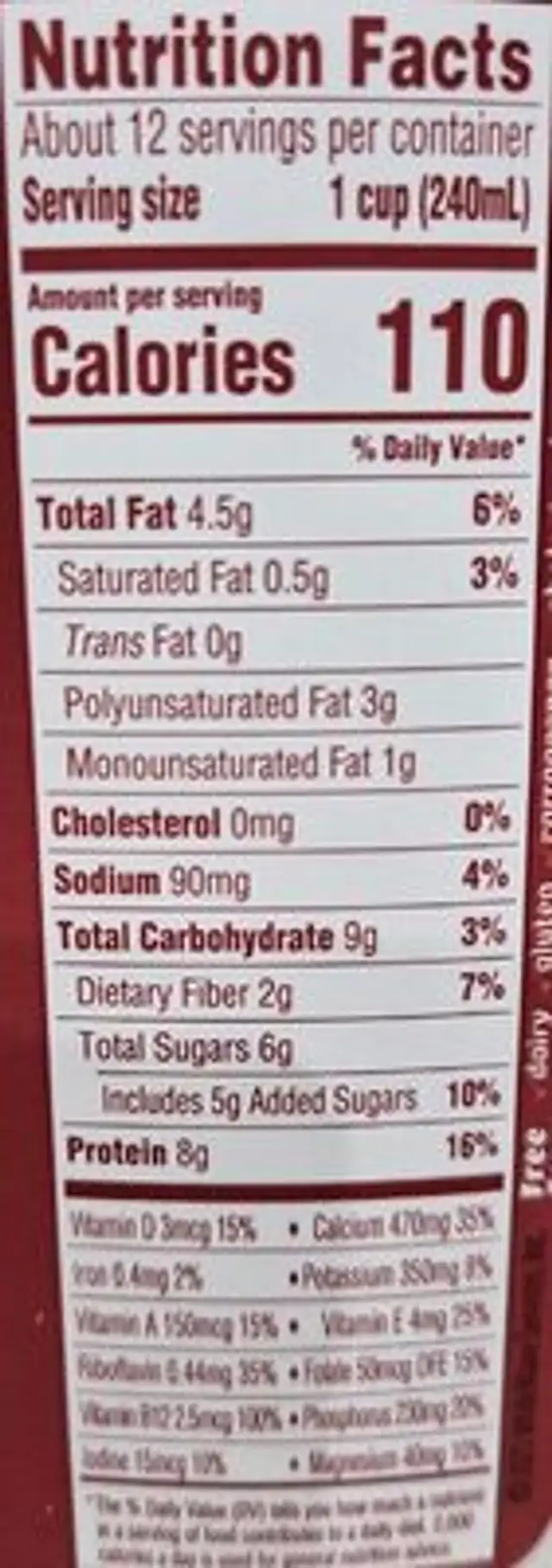 Soy Protein Milk nutrition facts table