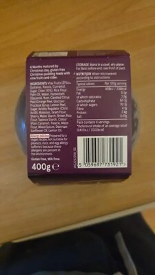 Serving Suggestion Contains alcohol. pudding Energ ingredients label
