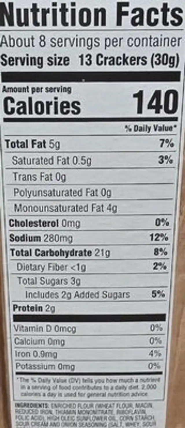 Toasted Cracker Chips nutrition facts table