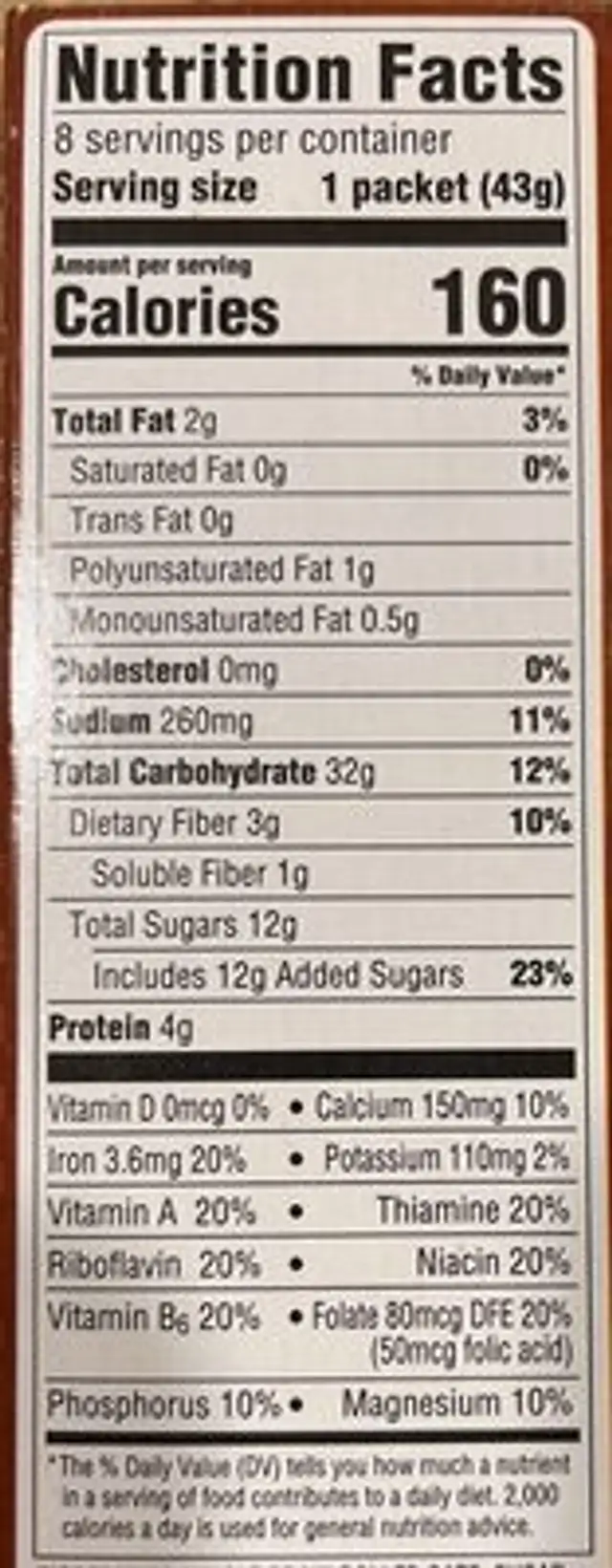 Maple & Brown Sugar Oatmeal nutrition facts table