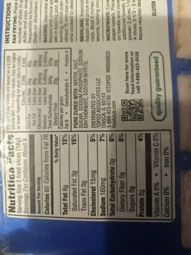 Original Cut Sliced Bacon Hardwood Smoked nutrition facts table