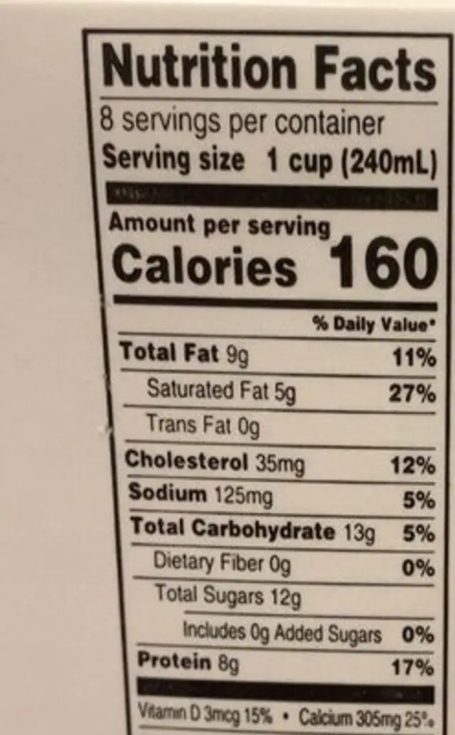 100% lactose free whole milk nutrition facts table