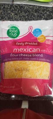 Finely shredded Mexican style four cheese blend front packaging