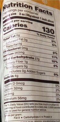 San Francisco Style Sourdough nutrition facts table