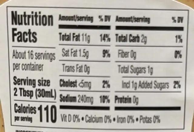 Spicy Ranch Dressing nutrition facts table