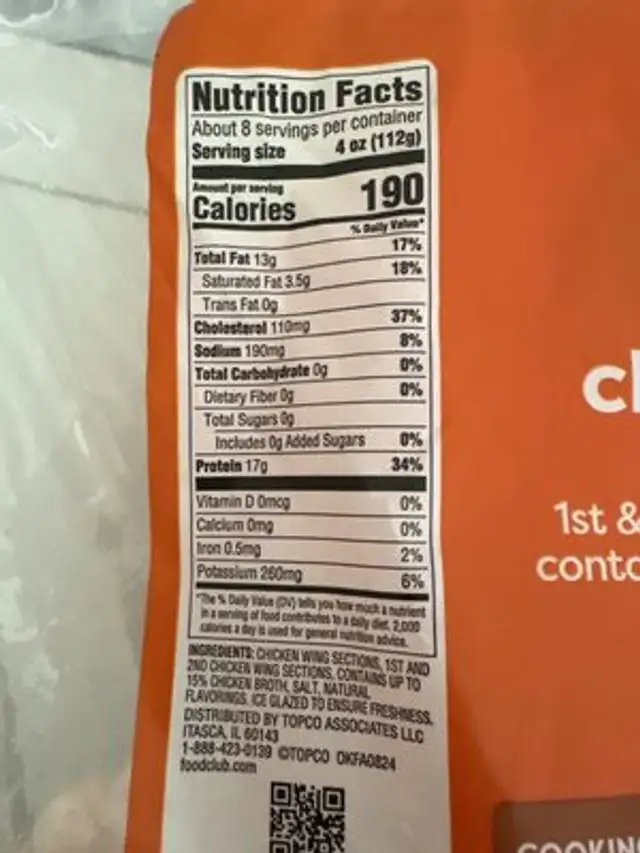 Chicken Wing Sections nutrition facts table