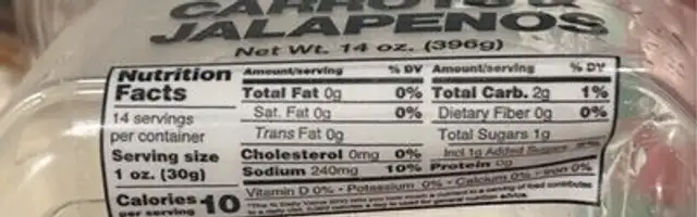 Carrots & Jalapenos nutrition facts table