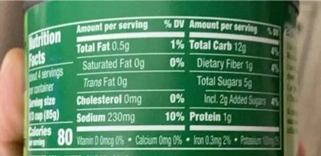 Whole Kernel Sweet Corn nutrition facts table