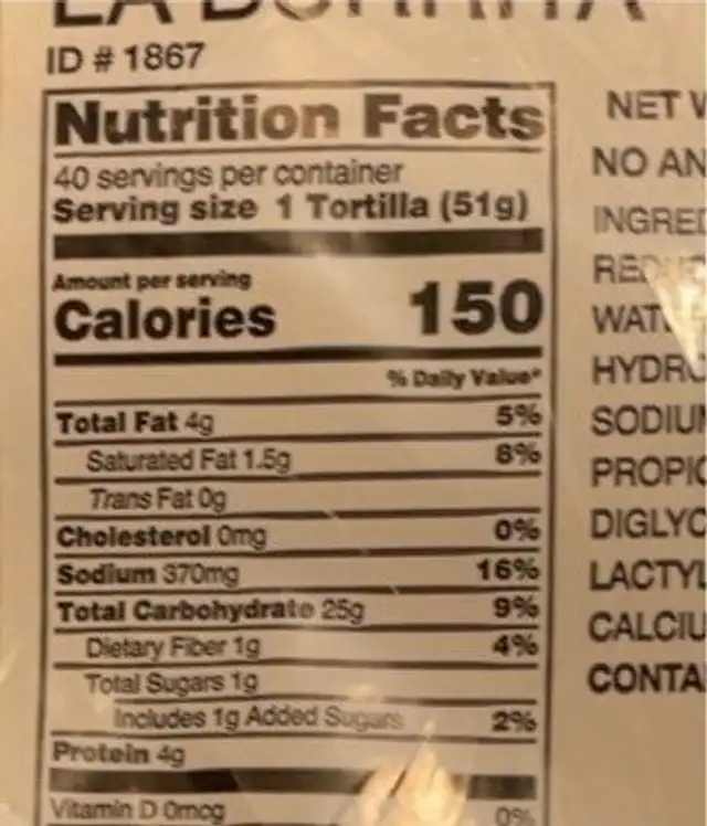 La Burrita - 8" Press Gorditas nutrition facts table