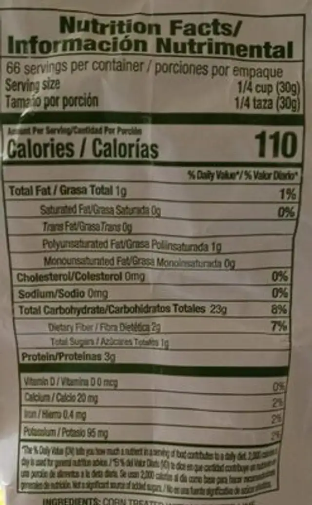 Corn Masa Flour nutrition facts table