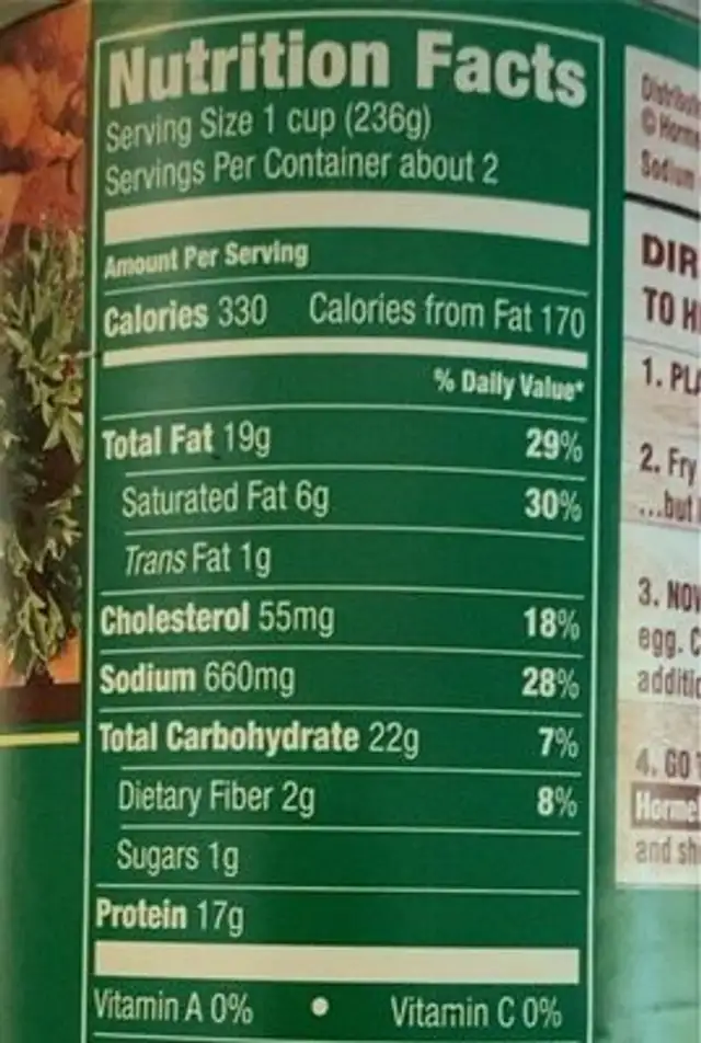 Hash nutrition facts table