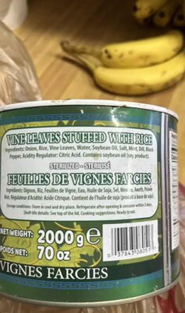 Stuffed vine leaves dolmades ingredients label