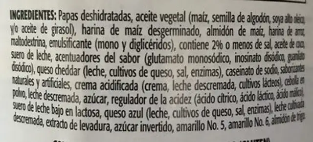 Pringles Cheddar & Sour Cream ingredients label