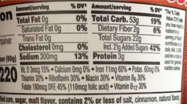 Cinnamon cereal nutrition facts table