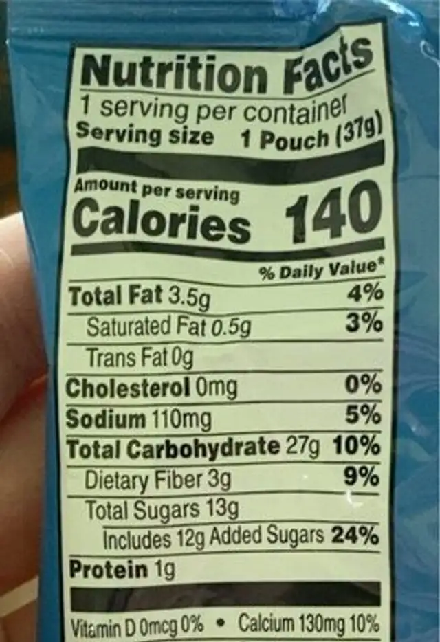 Nutri Grain nutrition facts table
