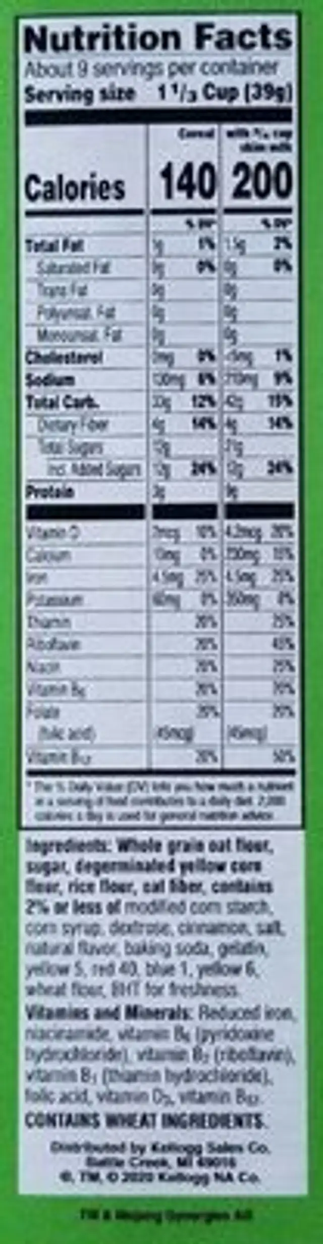 Minecraft Creeper Crunch nutrition facts table