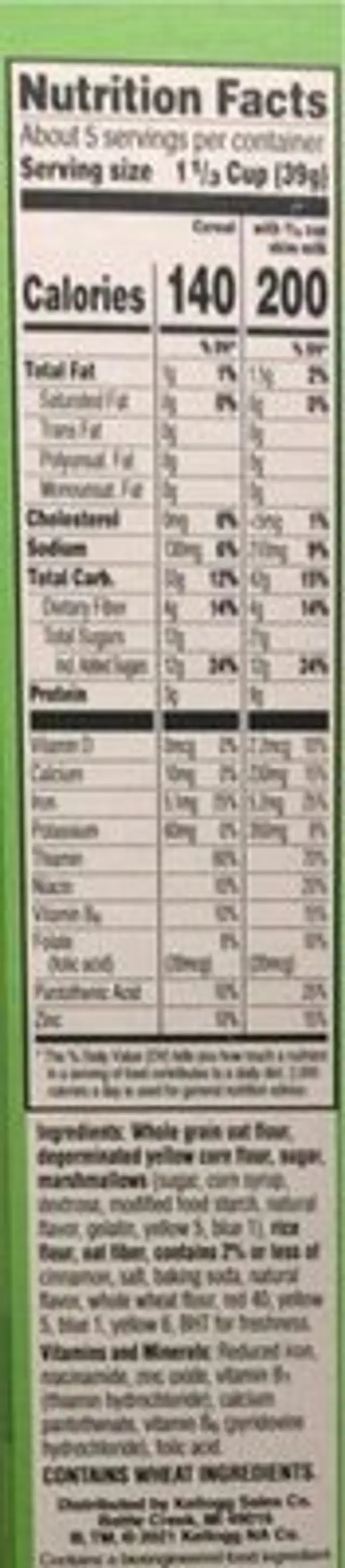 Minecraft Creeper Crunch nutrition facts table