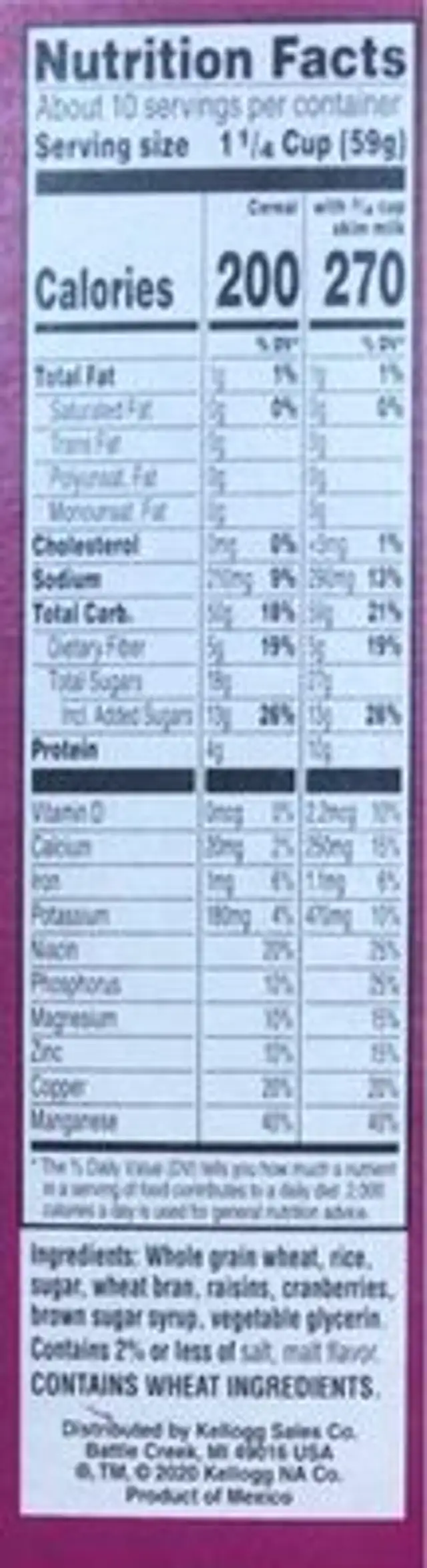 Raisin Bran with cranberries nutrition facts table