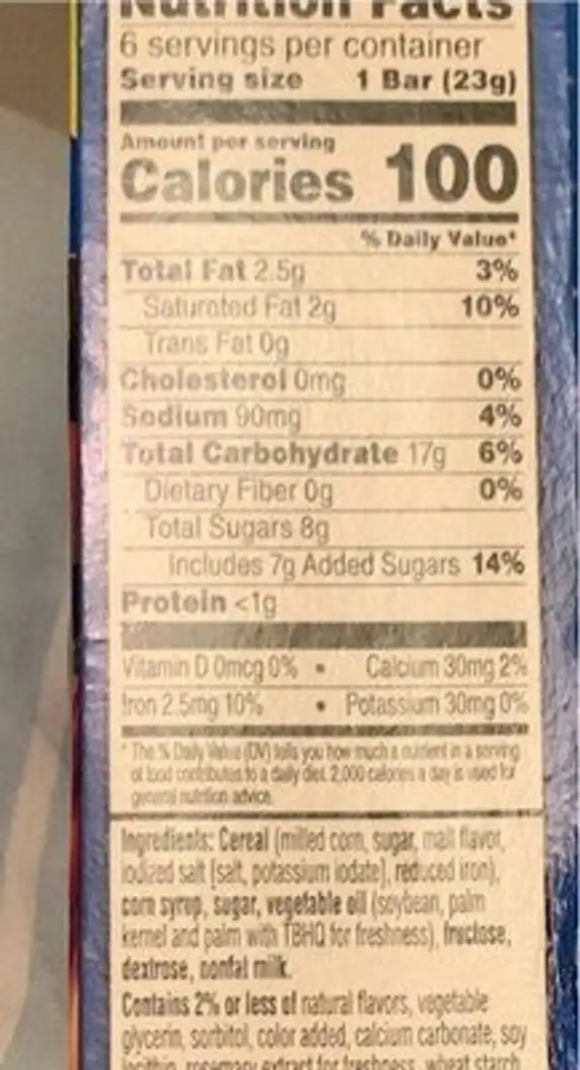 Cereal bars nutrition facts table