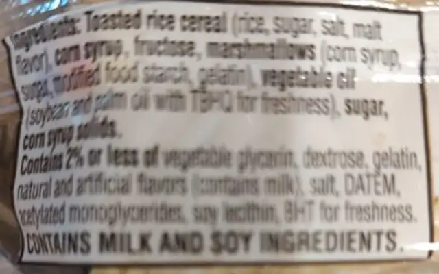 Rice Krispies Treats Homestyle Original ingredients label