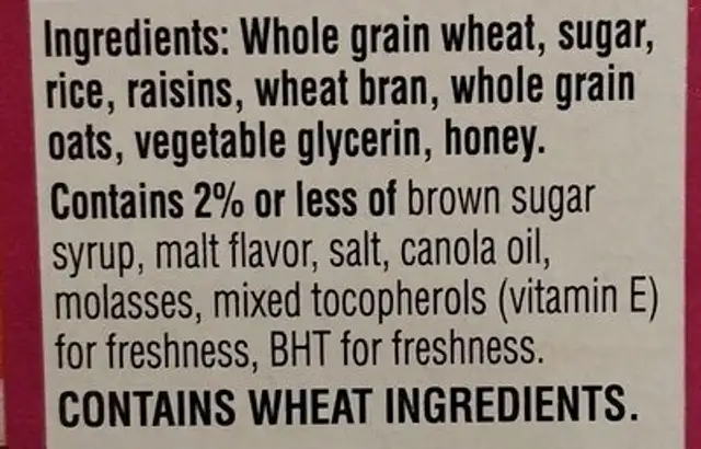 Raisin Bran Toasted Oates & Honey ingredients label