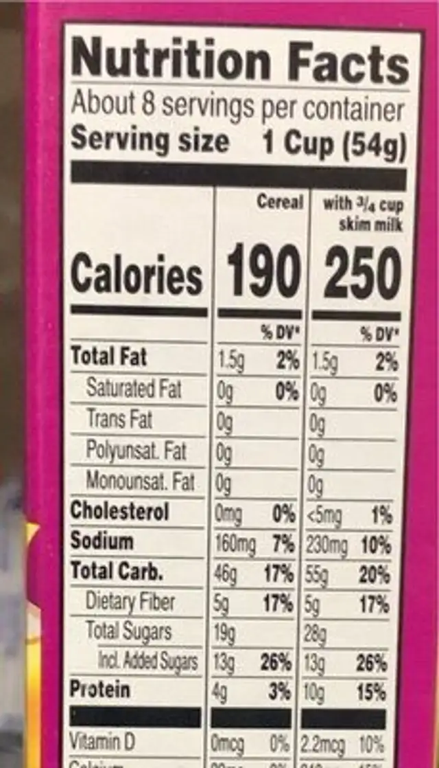 Raisin Bran Toasted Oates & Honey nutrition facts table