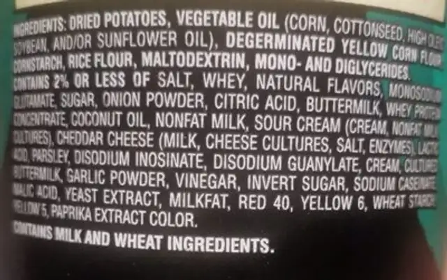 Pringles Scorchin' Hot Sour Cream & Onion ingredients label
