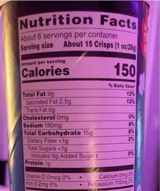 Pringles Scorchin' Hot Sour Cream & Onion nutrition facts table