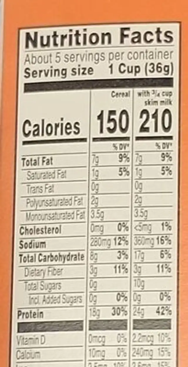 Special K zero nutrition facts table