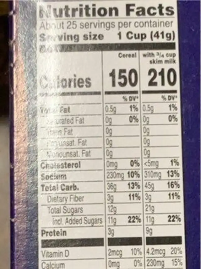 Special K Blueberry nutrition facts table