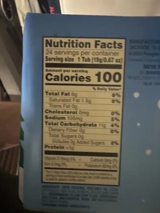 Pringles Snack Cups nutrition facts table