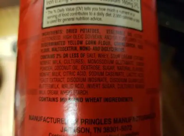 Sour Cream & Onion ingredients label