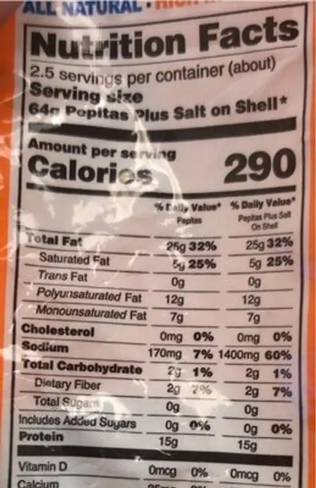 Pumpkin Seeds Roasted & Salted nutrition facts table