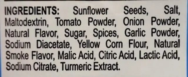 Sunflower seeds ingredients label