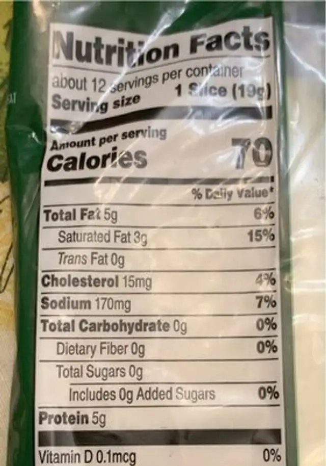 Sliced Non-Smoked Provolone nutrition facts table