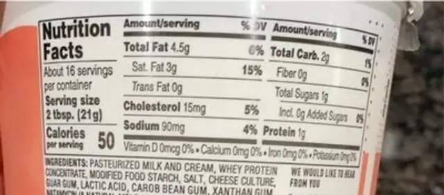 cream cheese nutrition facts table