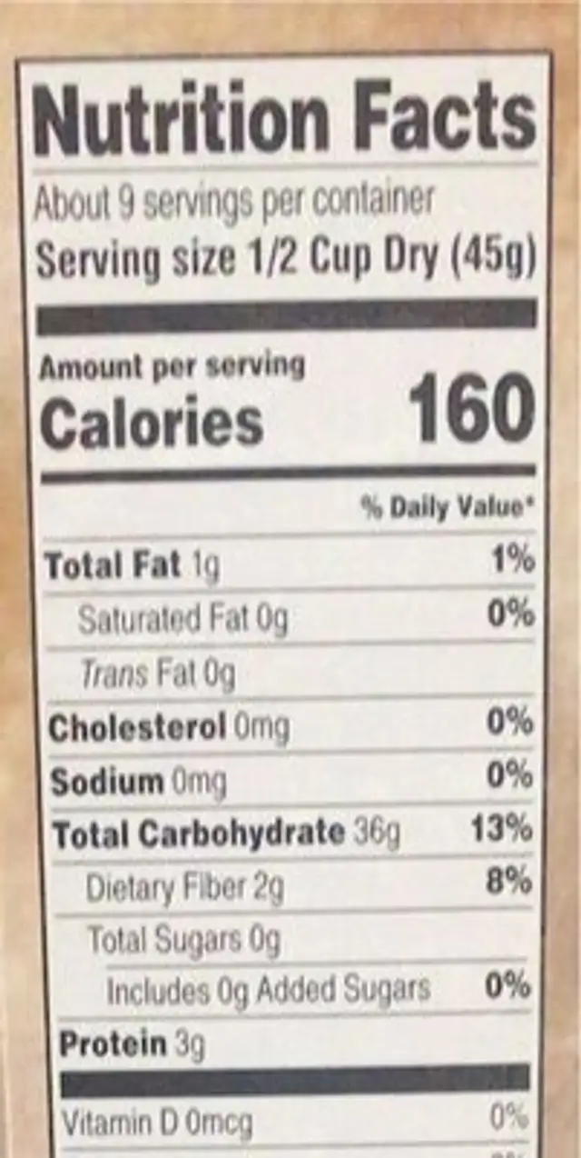 Boil in bag nutrition facts table