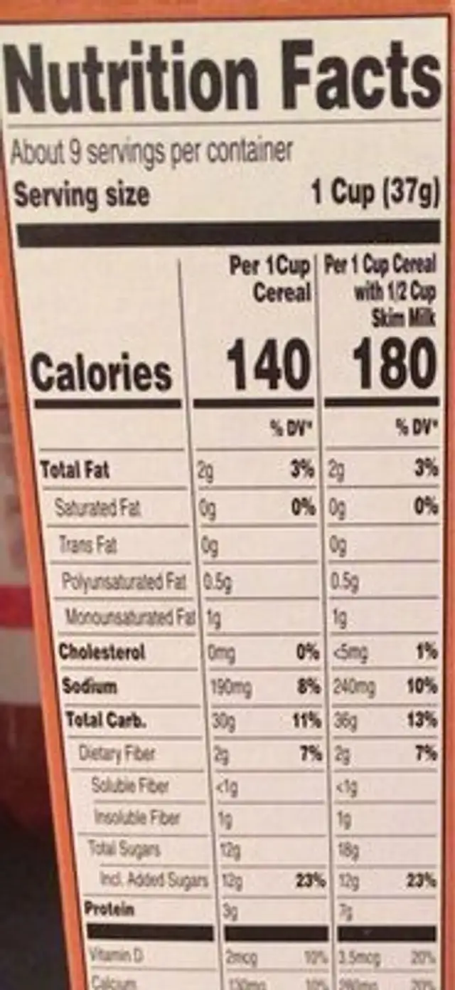 Toasted Oats nutrition facts table