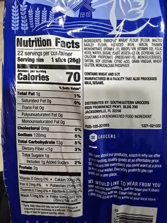 SEG Round Top Bread nutrition facts table