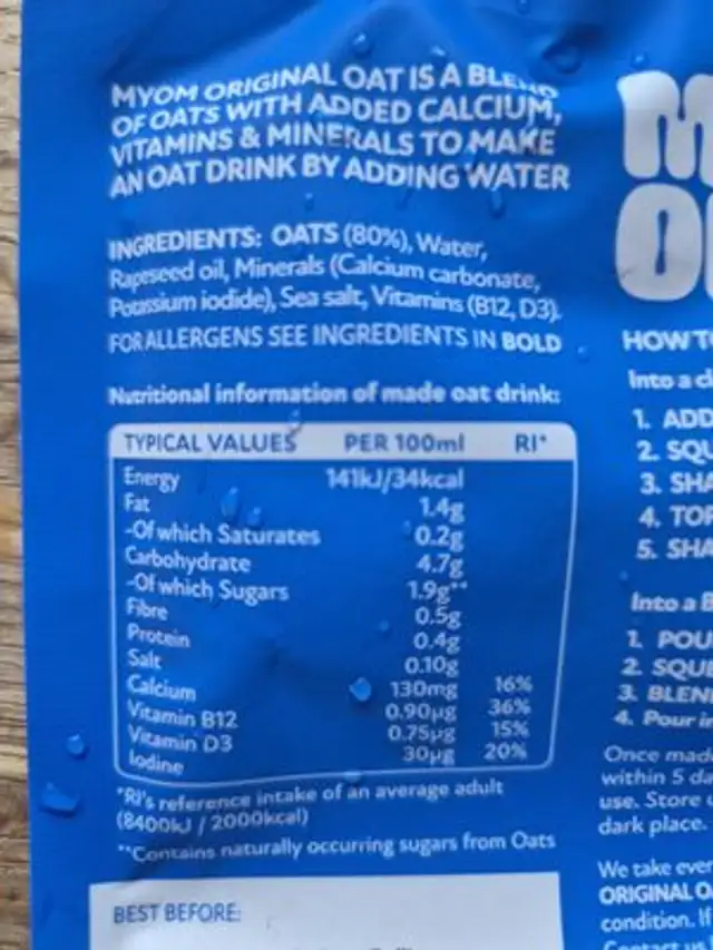 Unknown nutrition facts table