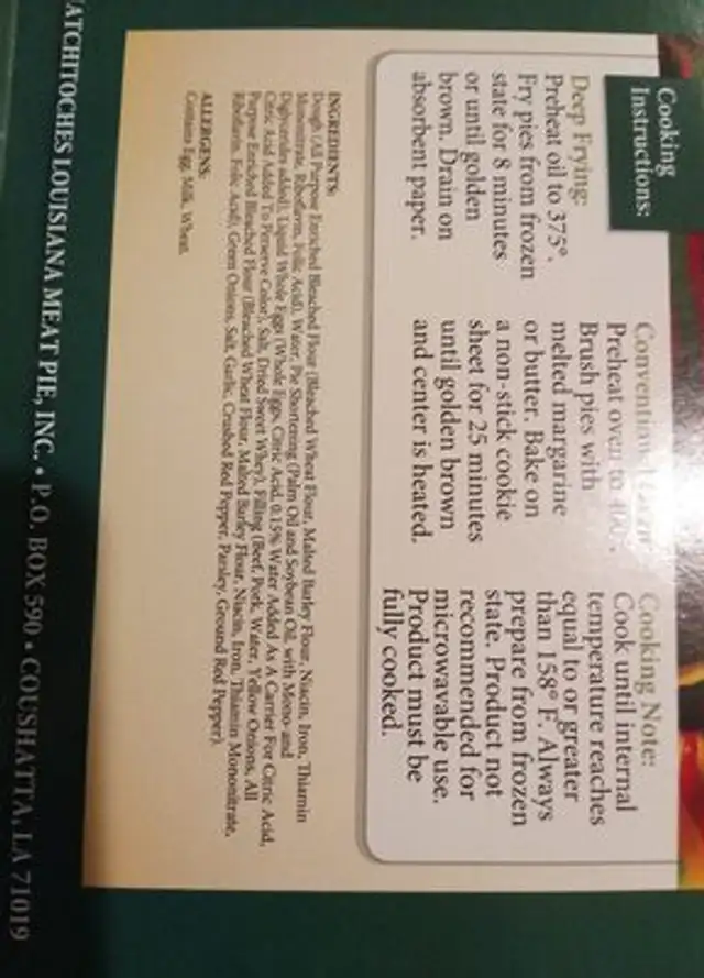 Original Meat Pie ingredients label