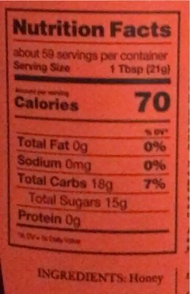 100% pure Honey nutrition facts table