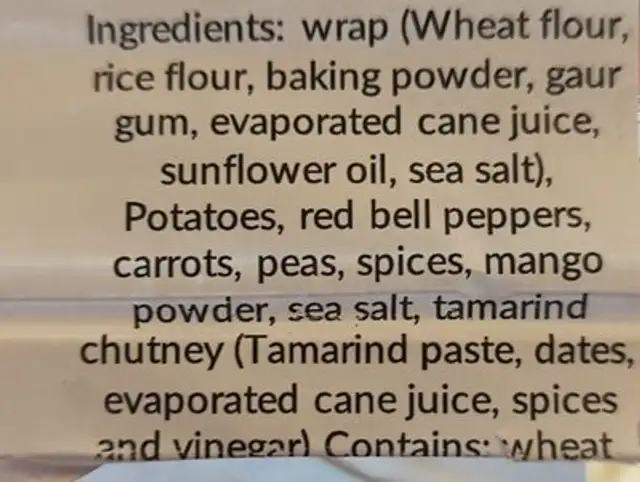 Vegan Samosa ingredients label