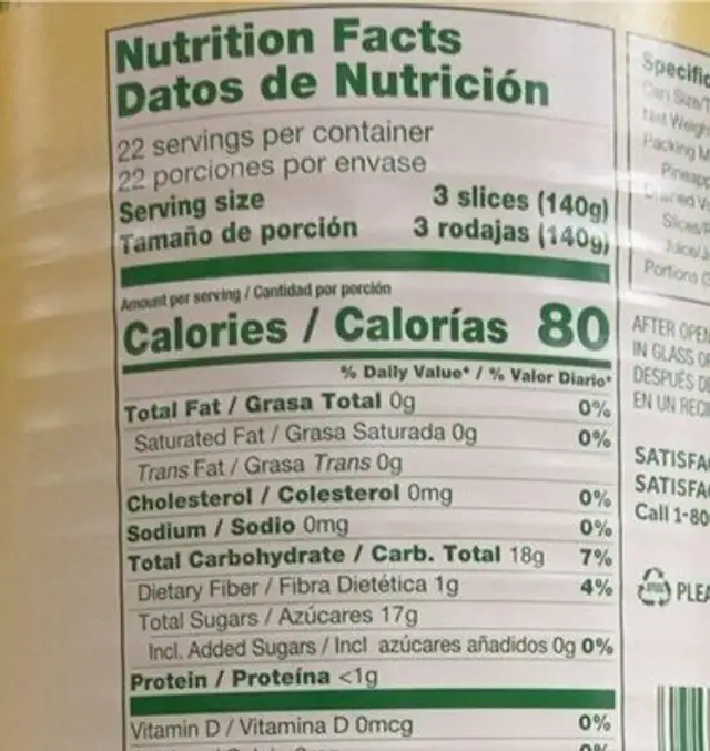 Pineapple nutrition facts table